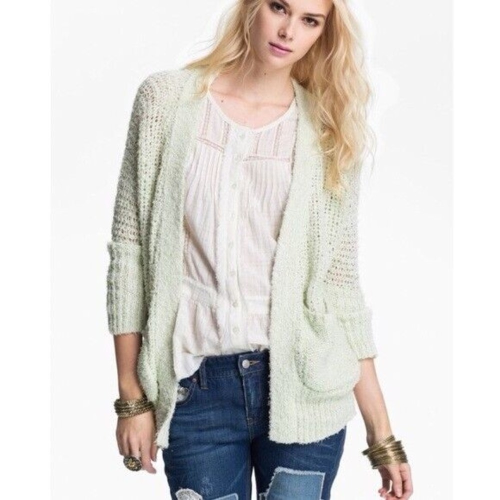 NWT FREE PEOPLE Honey Dew Mint Green Oh La La Knit Cardigan Pockets Hook S NEW